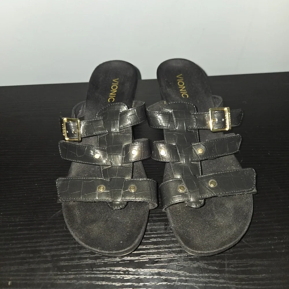 Vionic Radia Wedge Sandals Women Sz 9 Black Patent Croco Triple Strap Slide NWOB